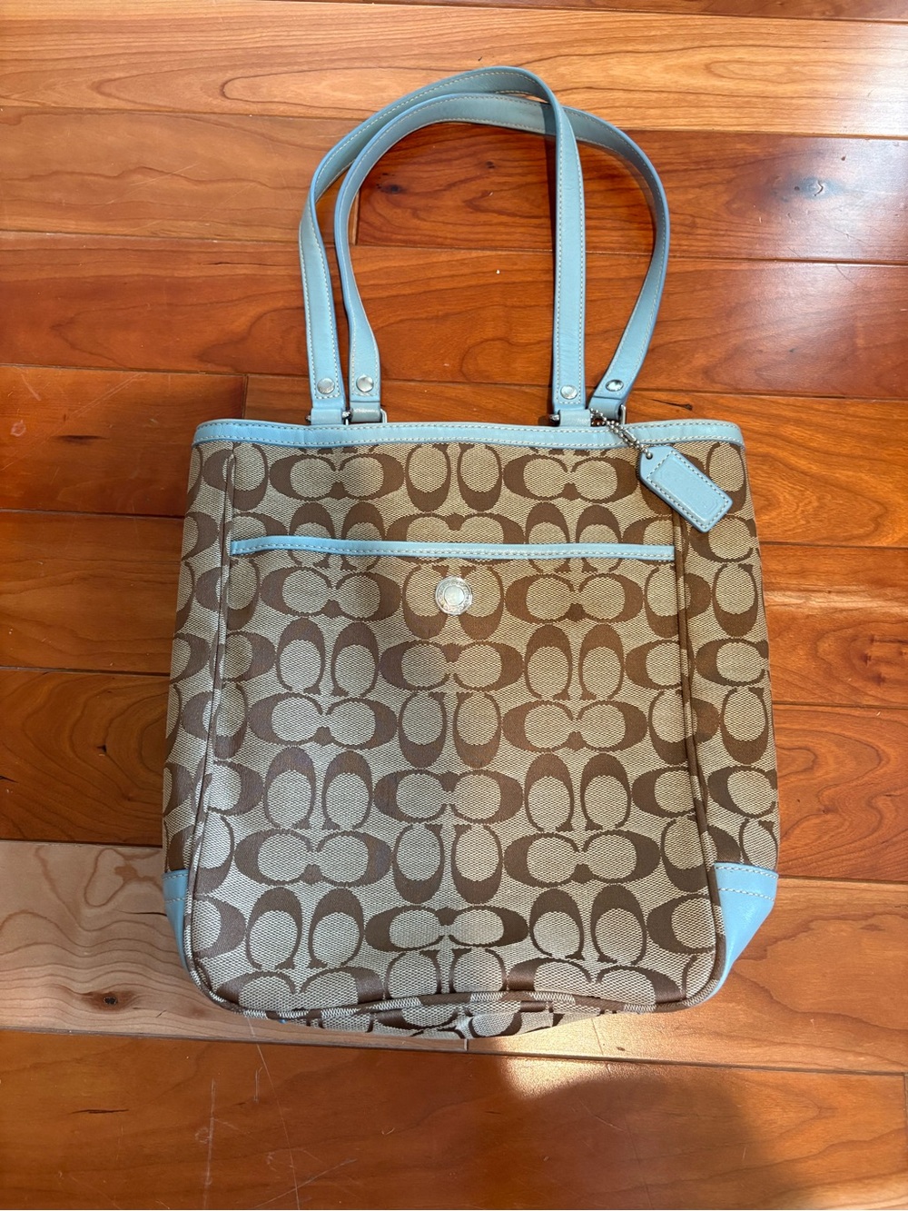 Coach Signature Hamptons Lunch Tote Blue Leather Trim - Picture 2 of 10